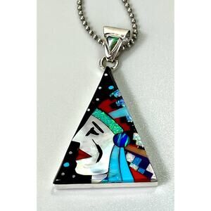ZUNI Galaxy Sterling Silver Indian Chief Kachina Micro Inlay Pendant Necklace